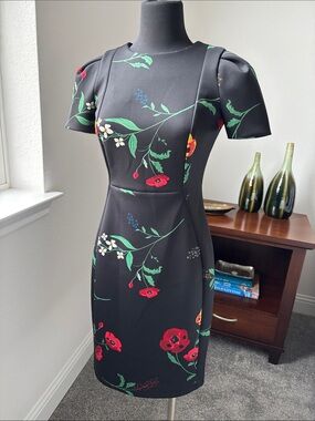 Calvin Klein Black Floral Midi Dress with Red & Green Accents